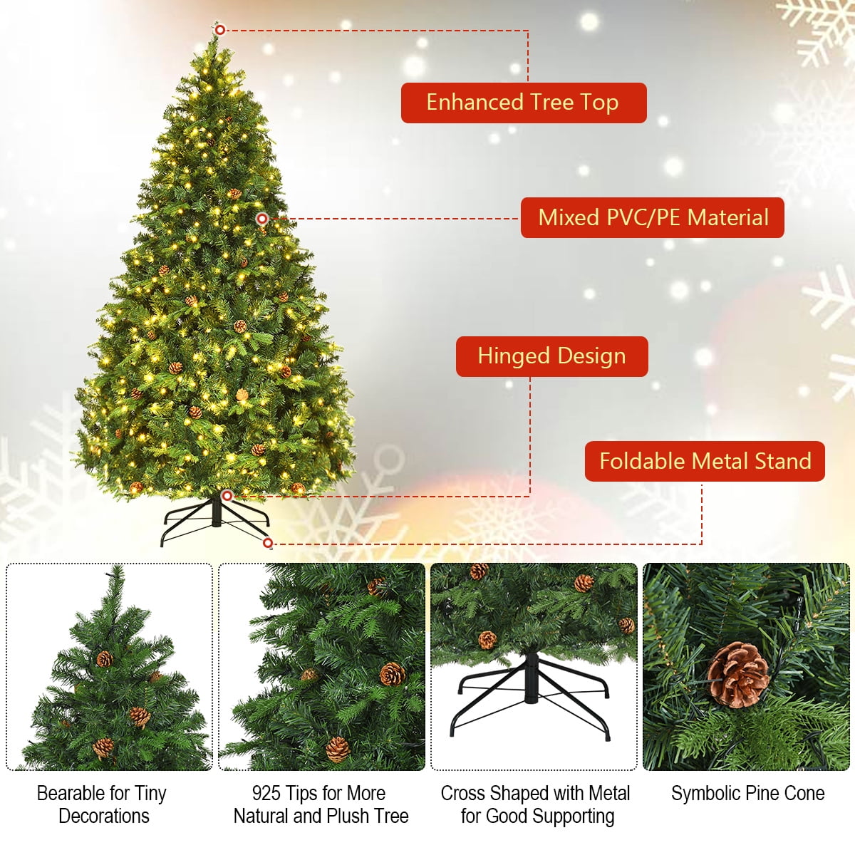 Árbol de Navidad de Pino Preiluminado con Bisagras y Luces LED Conos