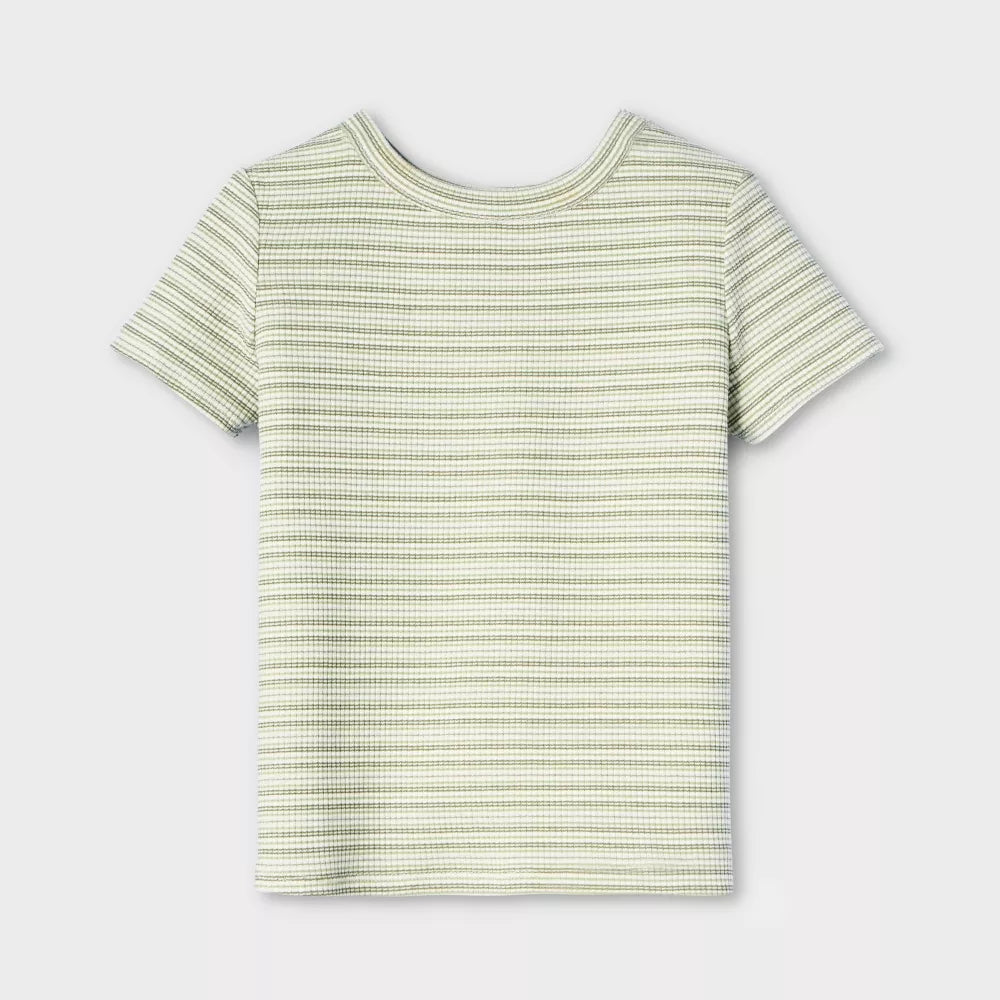 Playera Cat & Jack de rayas verde olivo y manga corta para niña #color_CJ Olive Green
