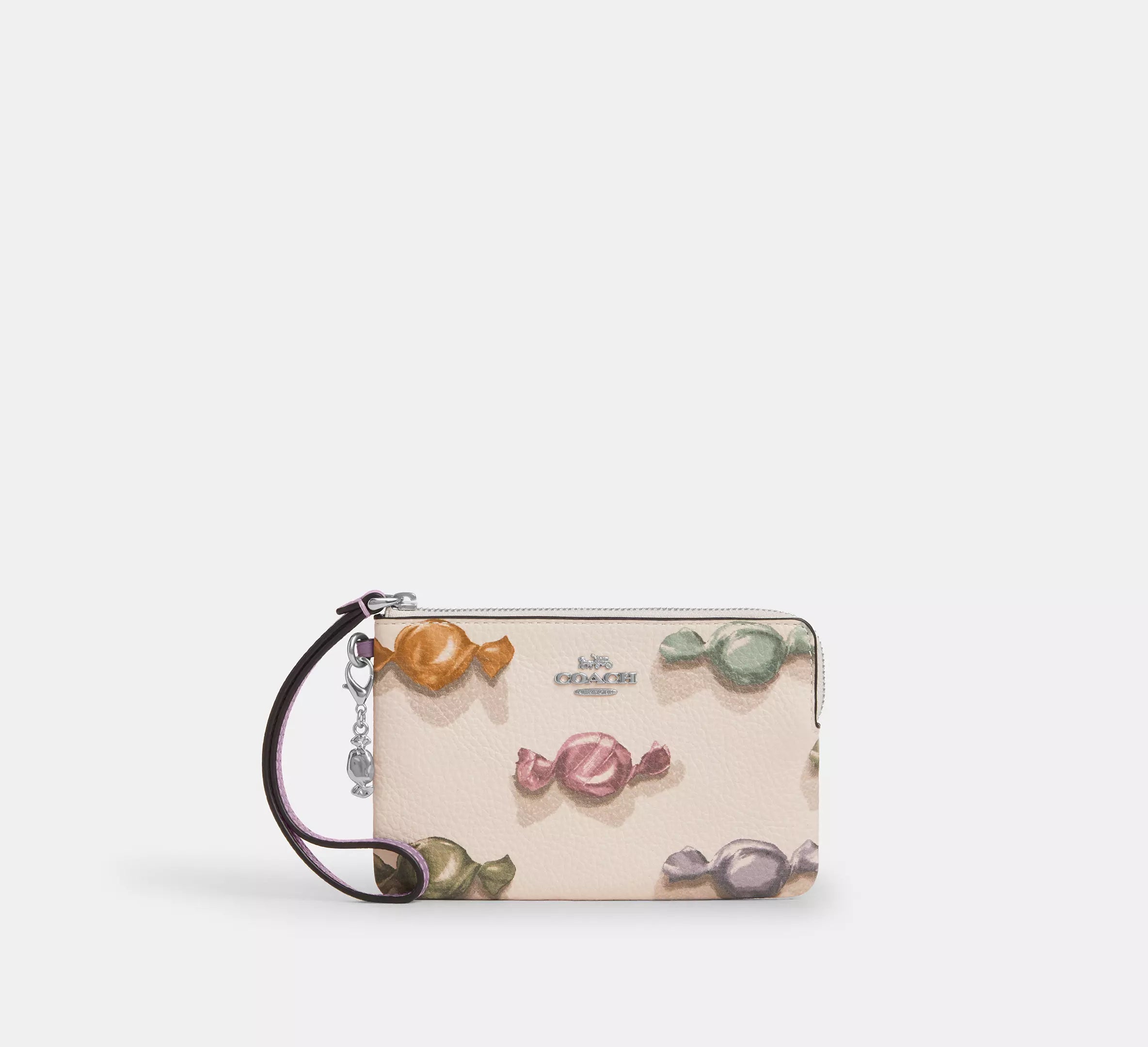Corner Zip Wristlet With Candy Print And Charm
