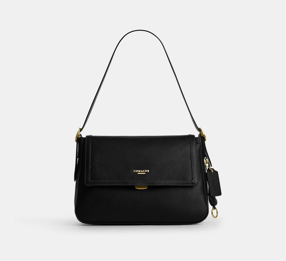 Coach Etta Flap Bag negra de piel napa con herrajes dorados vista frontal #color_CA Gold/Black