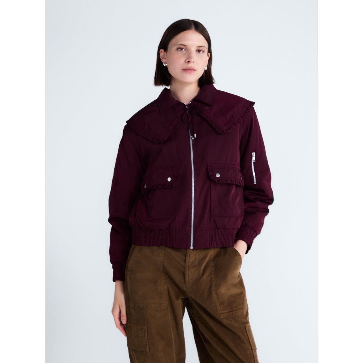 Free Assembly Ruffle Collar Bomber Jacket Burgundy Wine vista 2 #color_FA Burgundy Wine