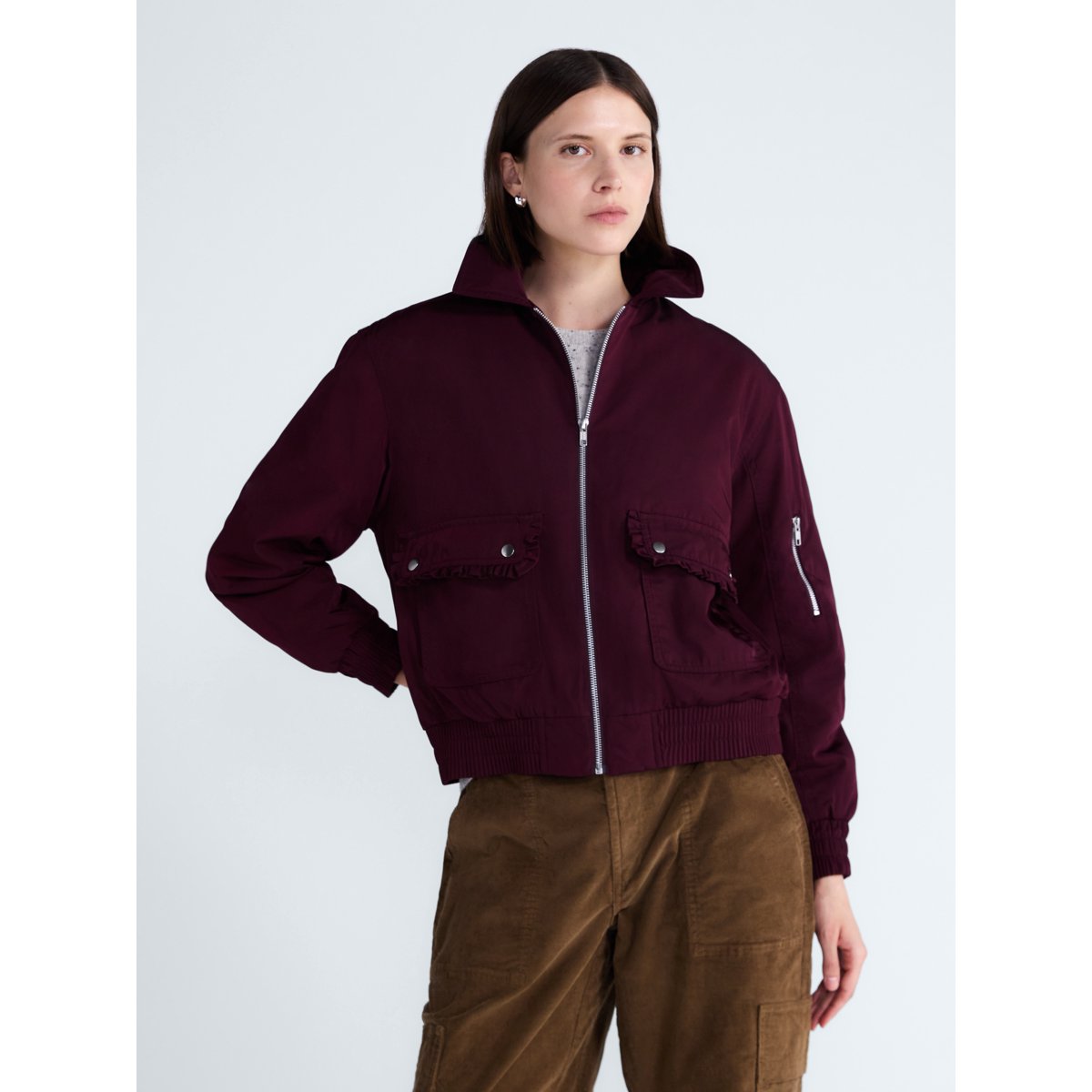 Free Assembly Ruffle Collar Bomber Jacket Burgundy Wine vista 6 #color_FA Burgundy Wine