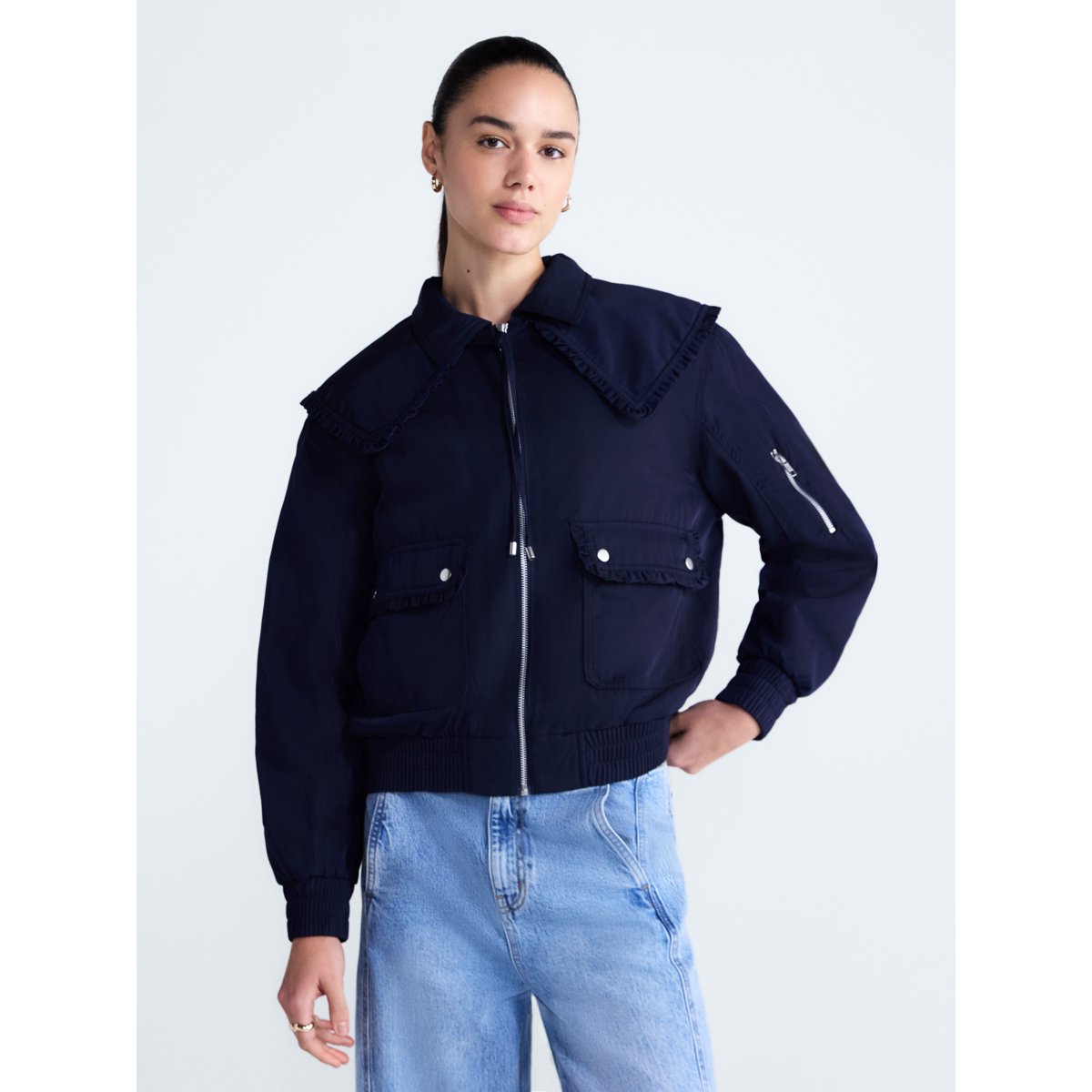 Free Assembly Ruffle Collar Bomber Jacket Darkest Navy vista 2 #color_FA Darkest Navy