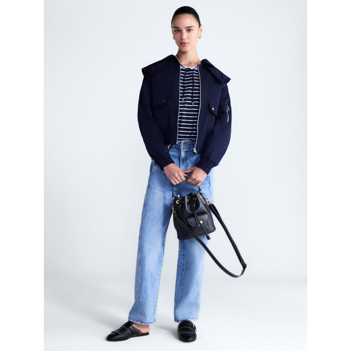 Free Assembly Ruffle Collar Bomber Jacket Darkest Navy vista 3 #color_FA Darkest Navy