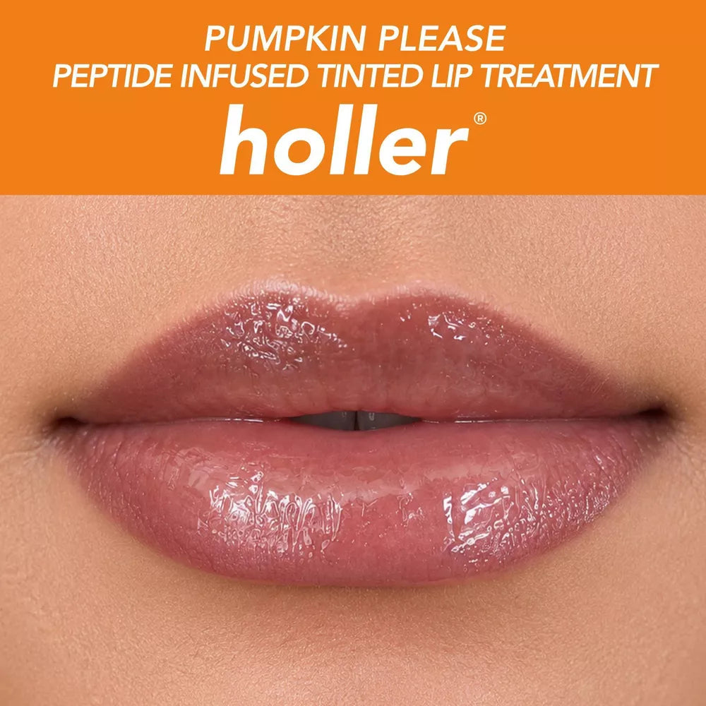 Textura glossy del sérum labial Holler and Glow Pumpkin Spice Latte con tinte marrón cálido.