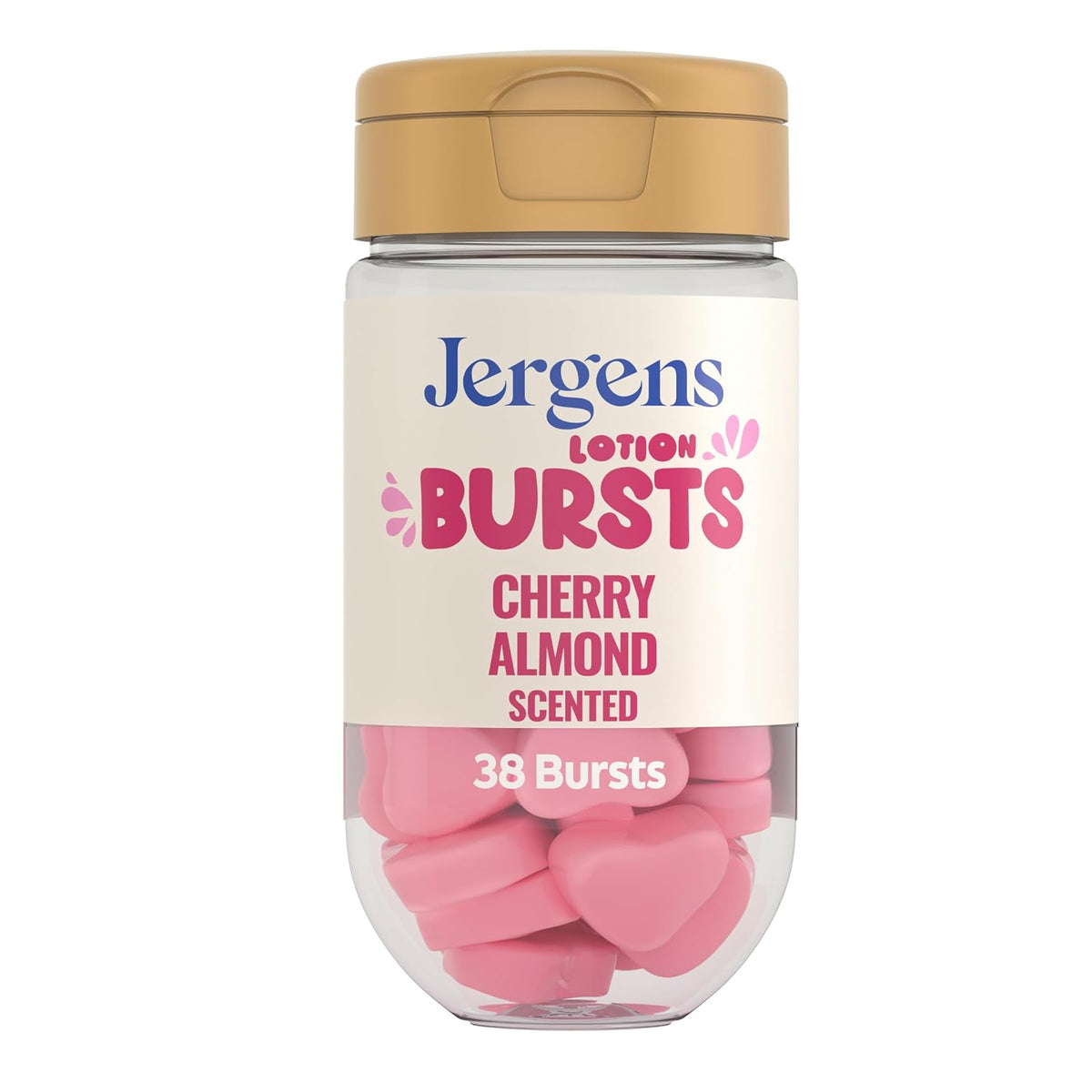 Jergens Cherry Almond Lotion Bursts frasco con 38 cápsulas hidratantes en forma de corazón