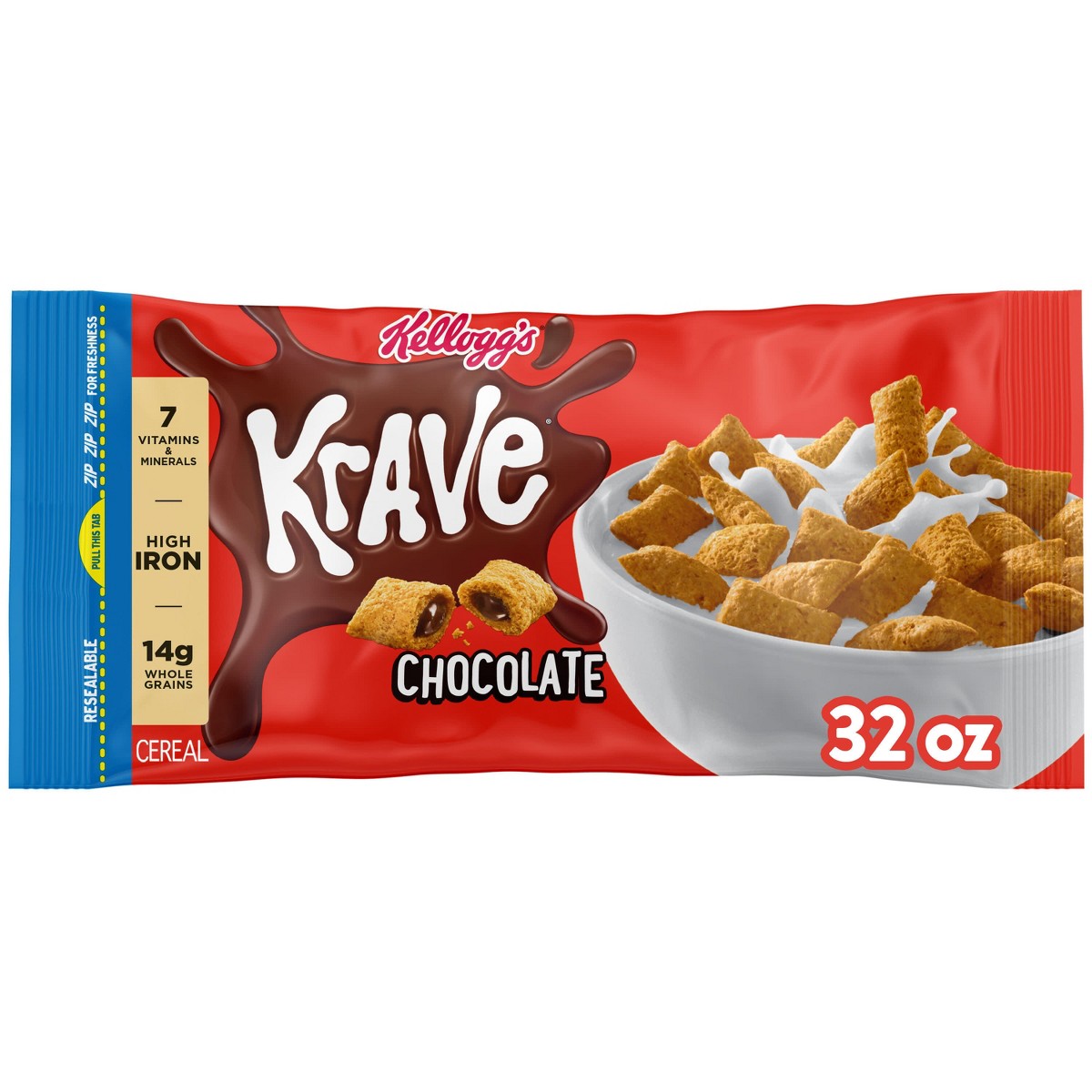 Kellogg's Krave Chocolate cereal 32 oz bolsa vista frontal #tamaño_32 oz / 907 g