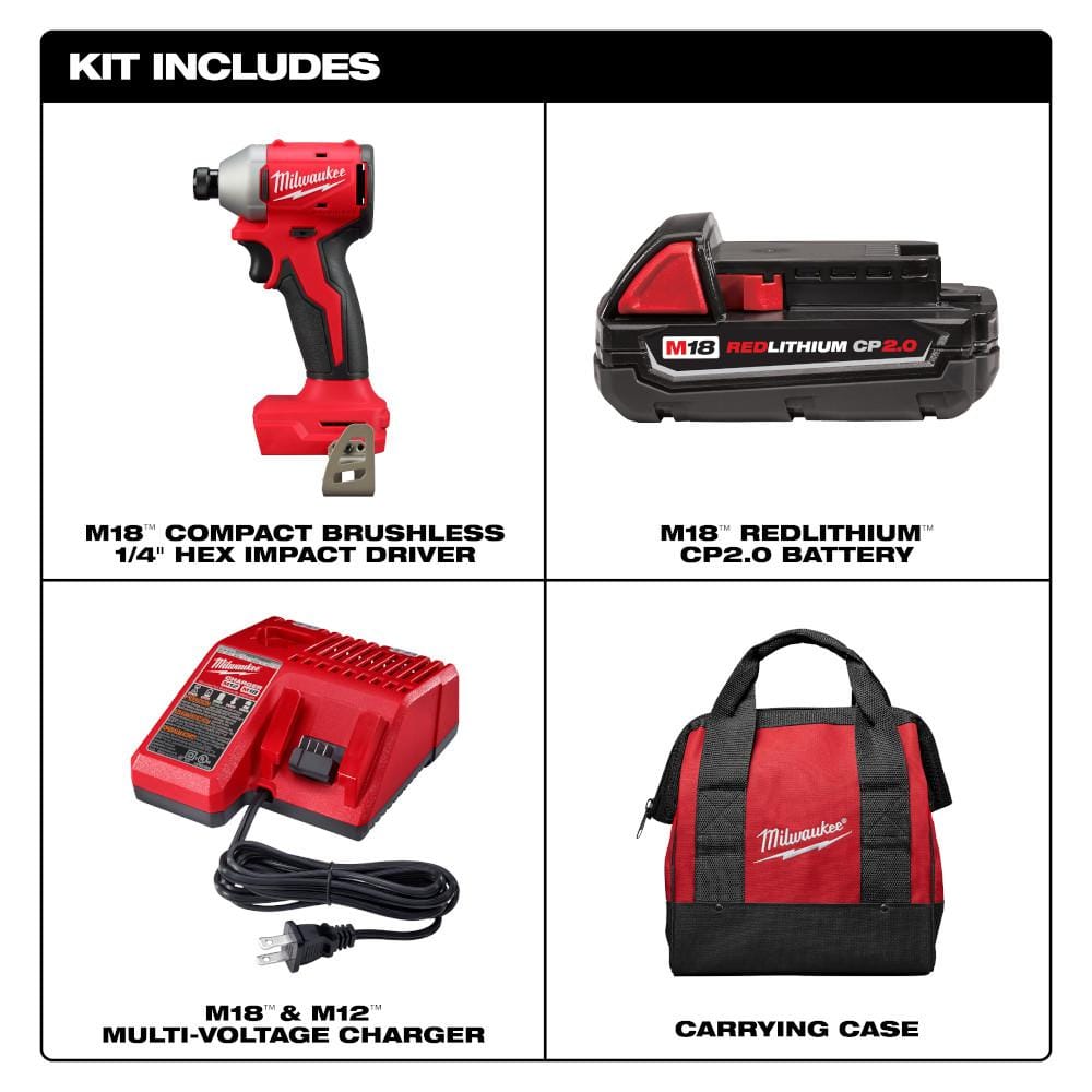 M18 18-Volt Lithium-Ion Compact Brushless Cordless 1/4 in. Impact Driver Kit with One 2.0 Ah Battery, Charger & Tool Bag