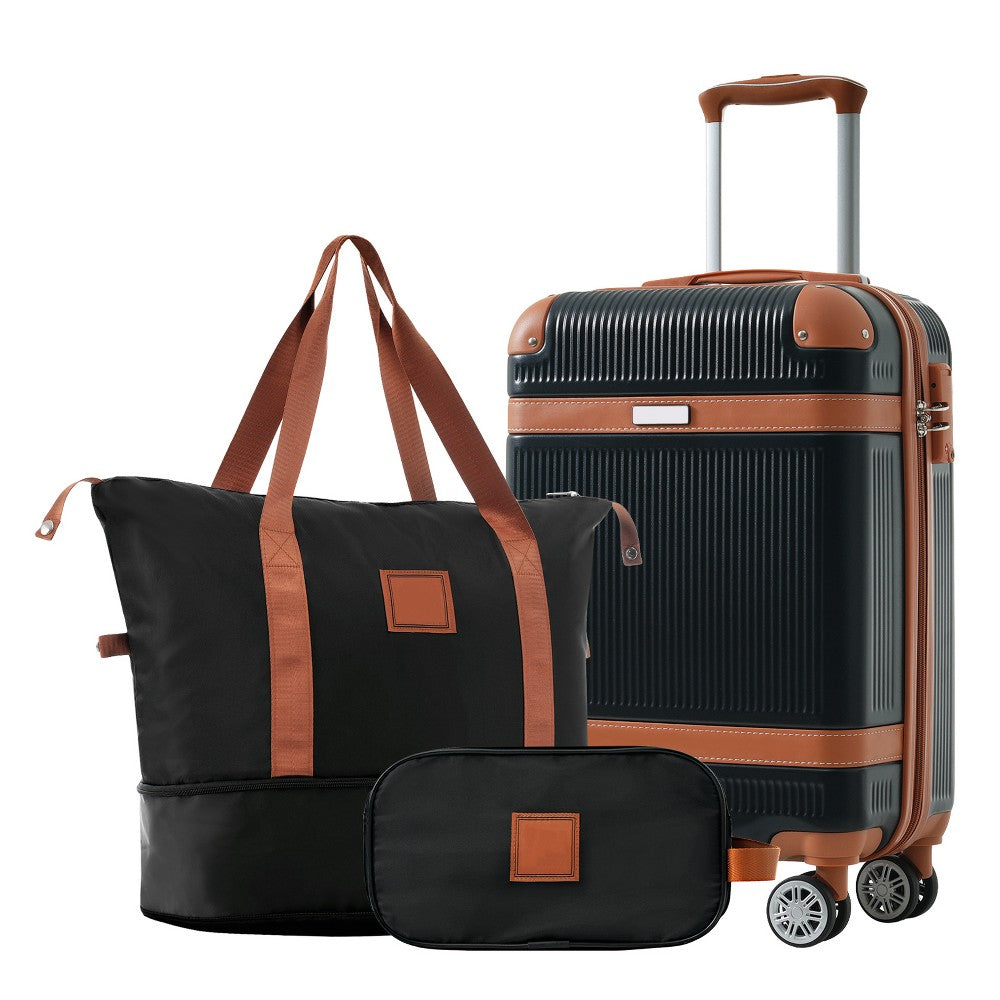 Maleta de cabina rígida negra de 20 pulgadas, bolso expandible y neceser negro con detalles café ModernLuxe #color_ML Black