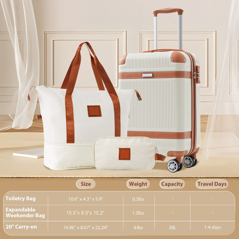 Maleta de mano blanca ModernLuxe con ruedas de giro 360 grados y accesorios de viaje #color_ML White