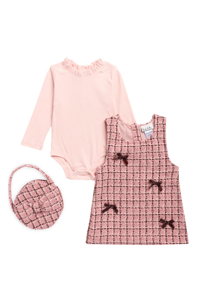 Nicole Miller Tweed Jumper Dress, Bodysuit & Handbag Set, conjunto de ropa para bebé en color Cappuccino, fotografía oficial del producto