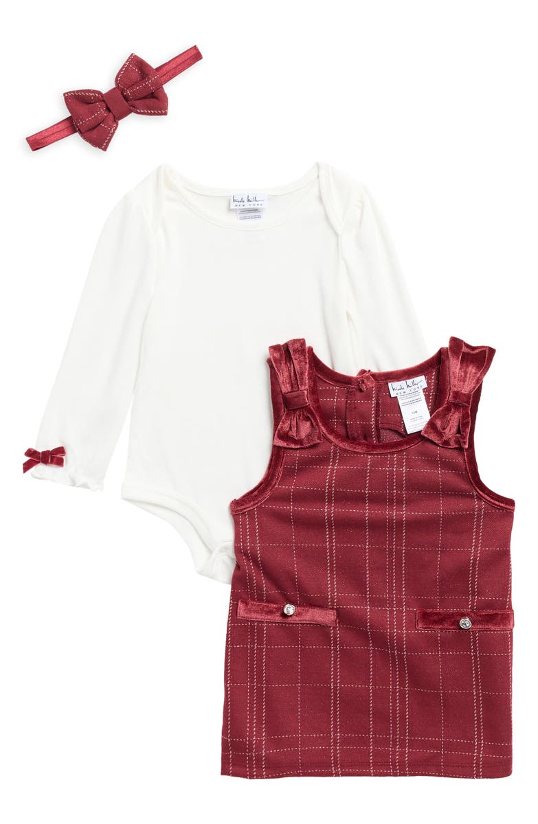 Nicole Miller Kids' Jumper Dress, Bodysuit & Headband Set, conjunto de ropa para bebé en color Cabernet, fotografía oficial del producto