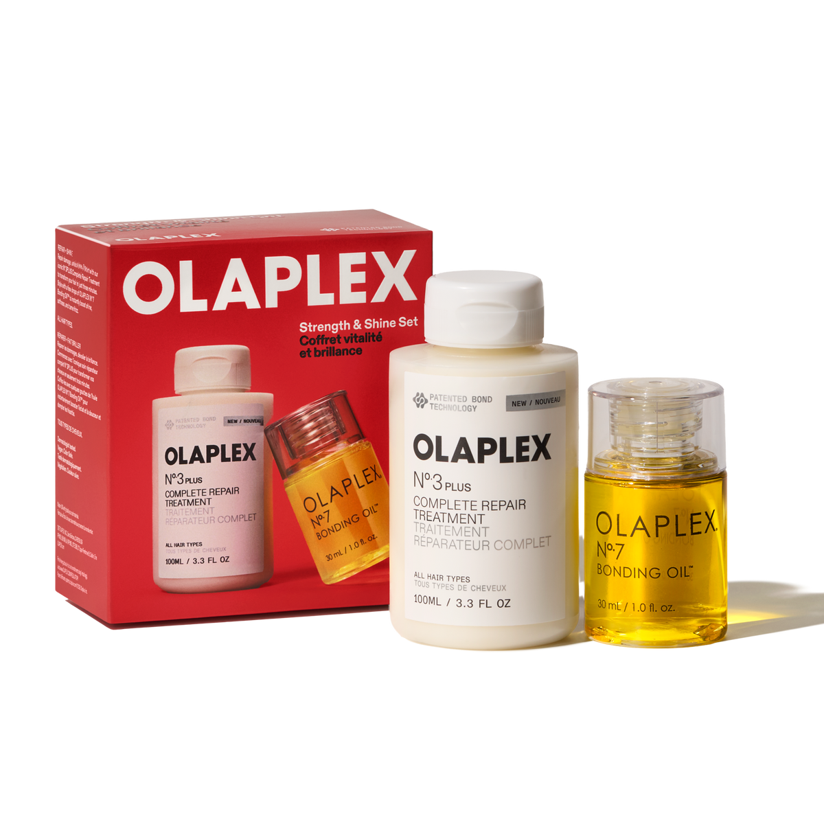 OLAPLEX Strength & Shine Set — set con caja y frascos, fotografía principal