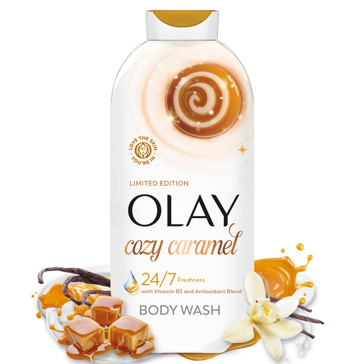 Olay Cozy Caramel Body Wash 22 fl oz edición limitada con aroma gourmand de caramelo, maple y vainilla