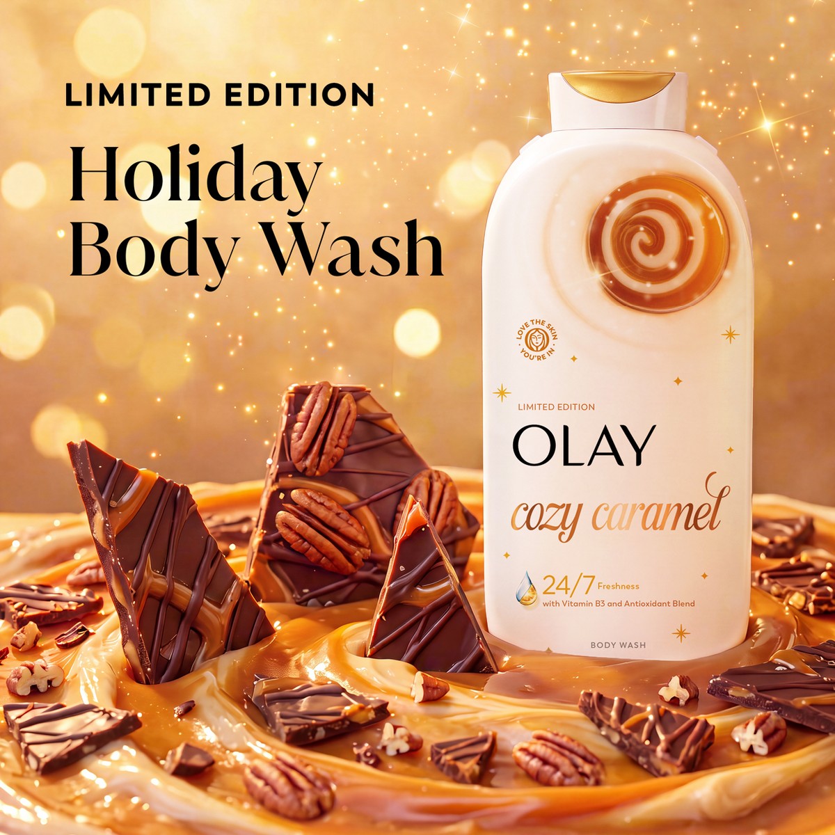 Gel de baño Olay Cozy Caramel con vitamina B3 y antioxidantes para limpieza corporal diaria