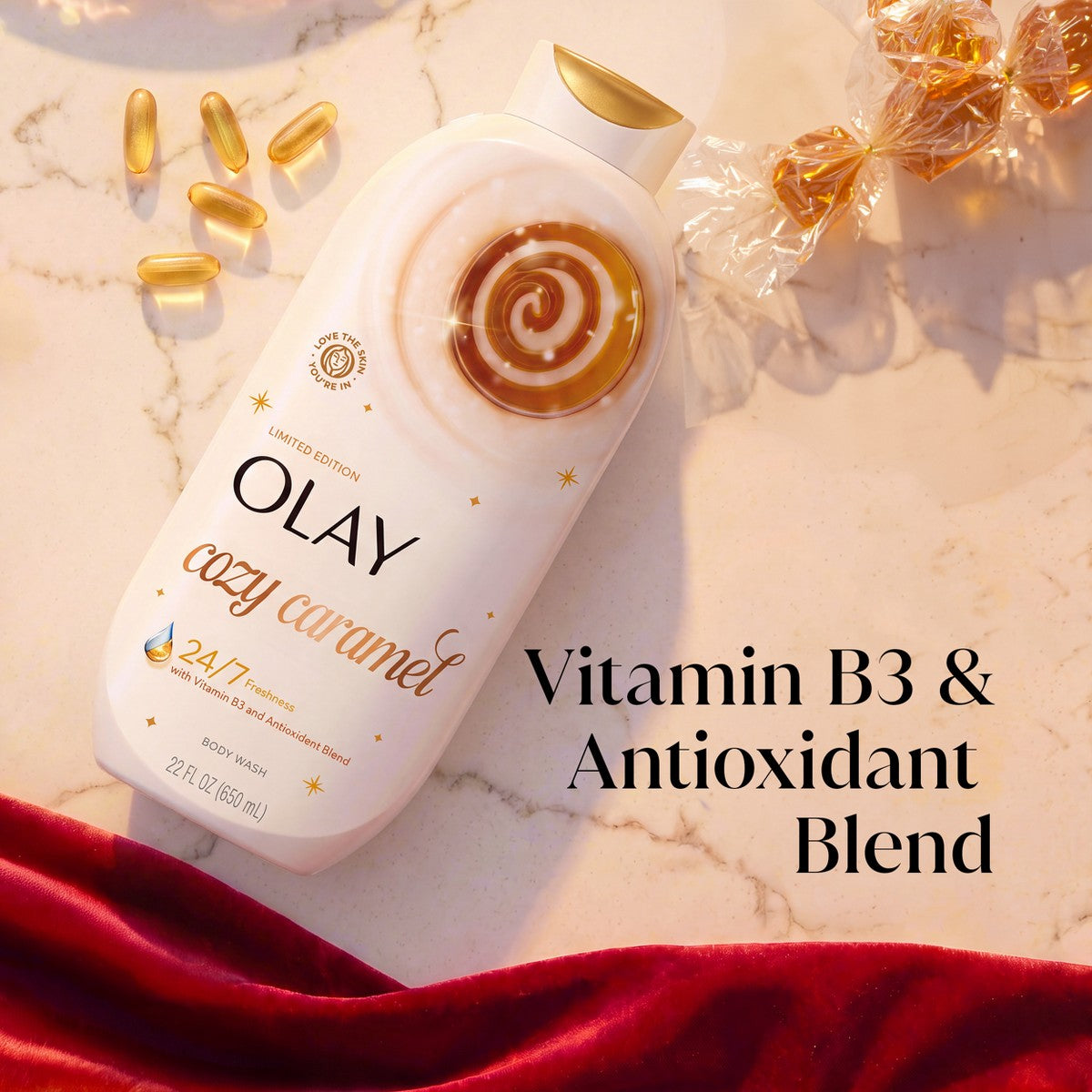 Body wash Olay Cozy Caramel sin parabenos, ftalatos ni siliconas con fragancia cálida de temporada
