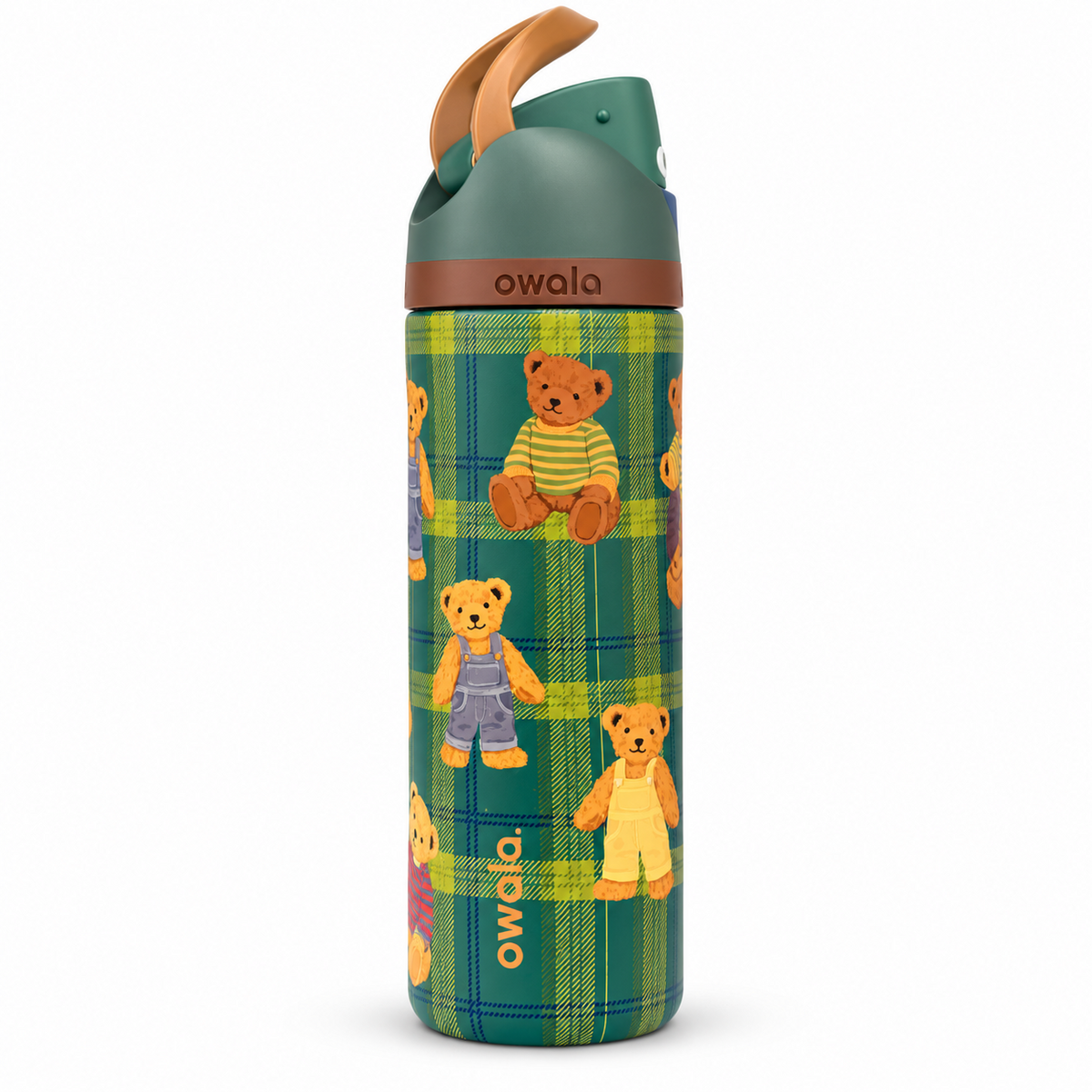 Termo Owala FreeSip de 24 oz vista frontal con ositos de peluche sobre cuadros verdes, tapa verde oscuro y asa color caramelo