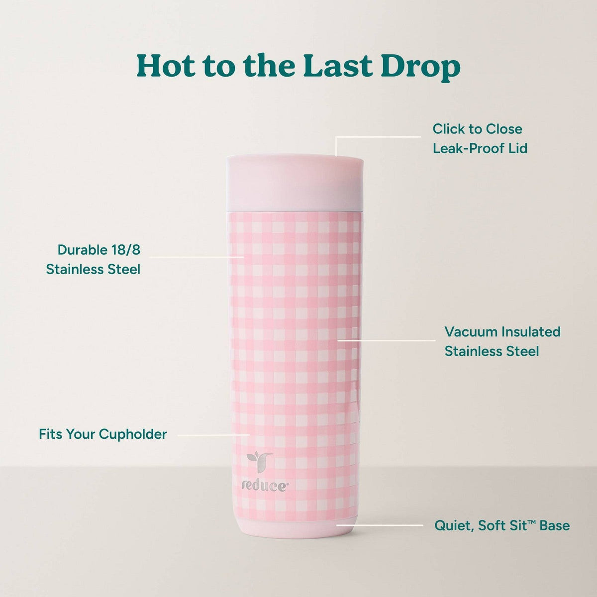 Reduce Perk termo de acero inoxidable 473 ml con base Soft Sit y tapa de cierre hermético #color_RED Blush Gingham