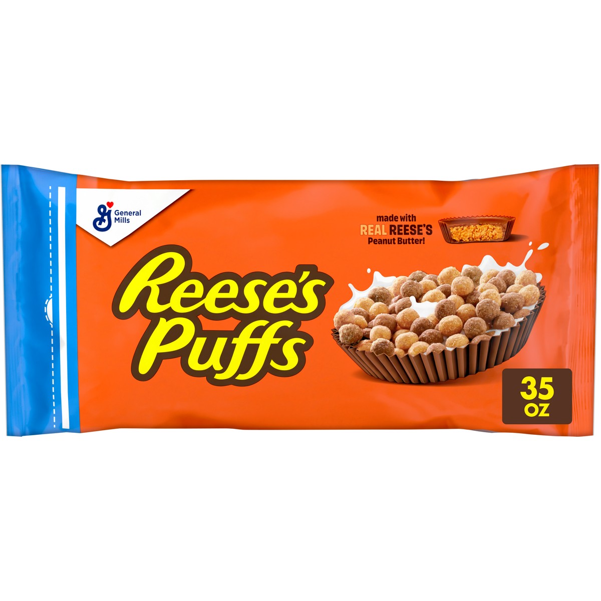Reese's Puffs cereal 35 oz bolsa resellable vista frontal #tamaño_35 oz / 992 g