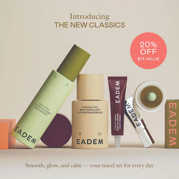 Set mini de skincare EADEM con exfoliante crema bruma y bálsamo labial
