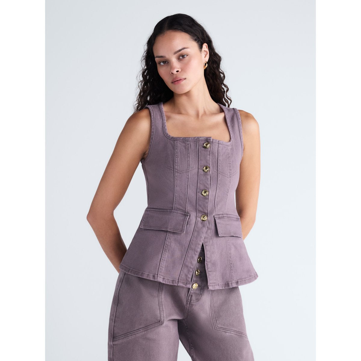 Scoop Denim Corset Top Purple Fog top de mezclilla ajustado para mujer #color_SCOOP Purple Fog