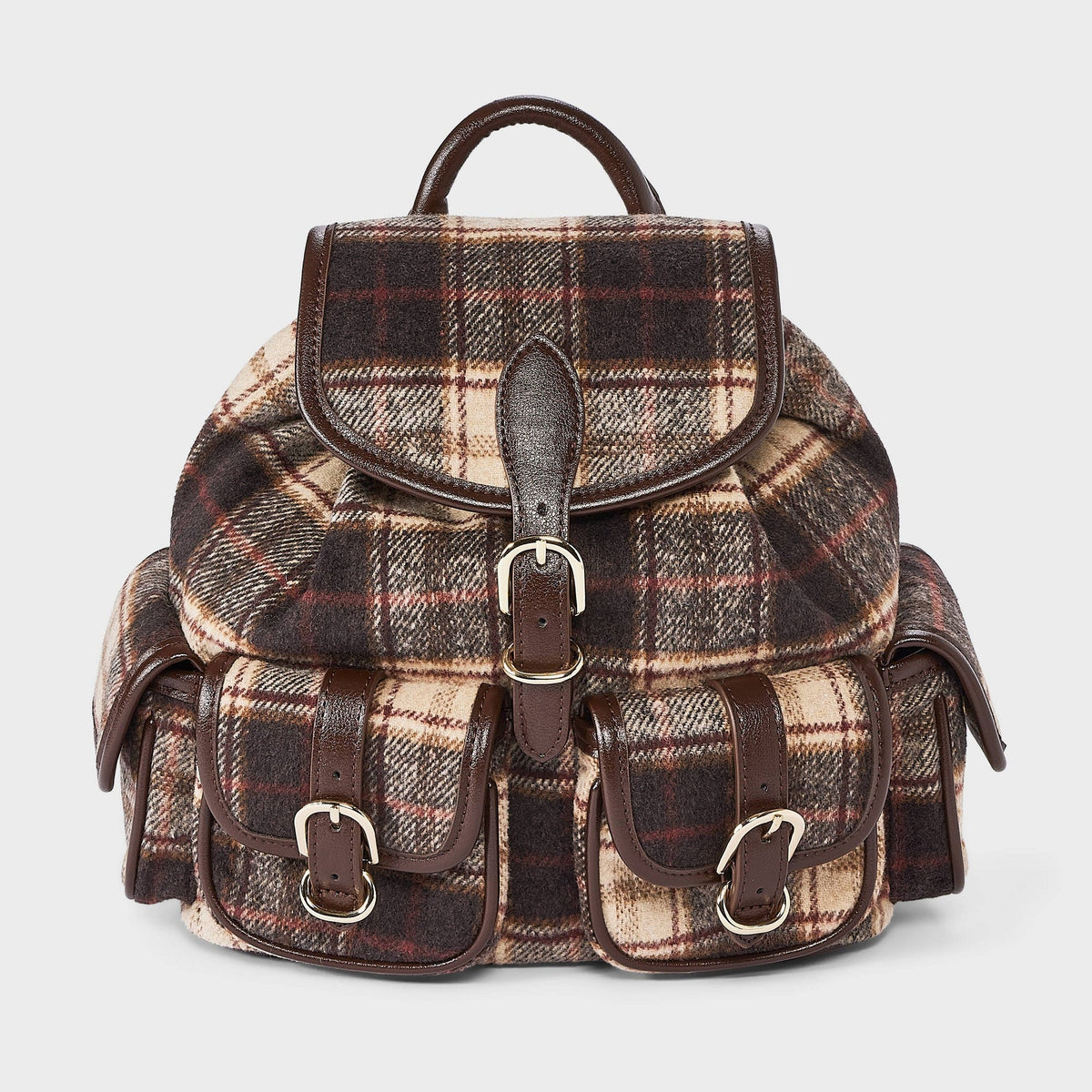 Universal Thread mochila mini Brown/Beige con cuadros café y beige con solapa y dos bolsillos frontales con hebillas #color_UT Brown/Beige