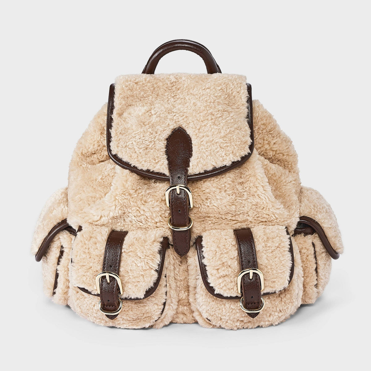 Universal Thread mochila mini Cream de borreguito sintético con solapa y dos bolsillos frontales con hebillas #color_UT Cream