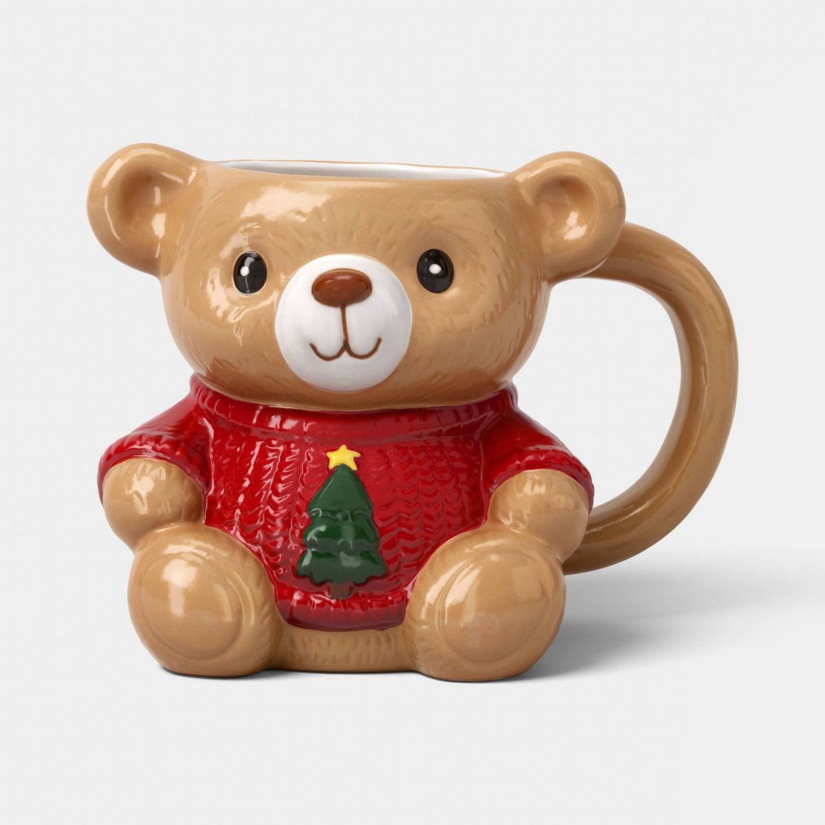 Taza de cerámica Wondershop en forma de oso con suéter rojo y árbol de Navidad verde #tamaño_473 ml / 16 fl oz